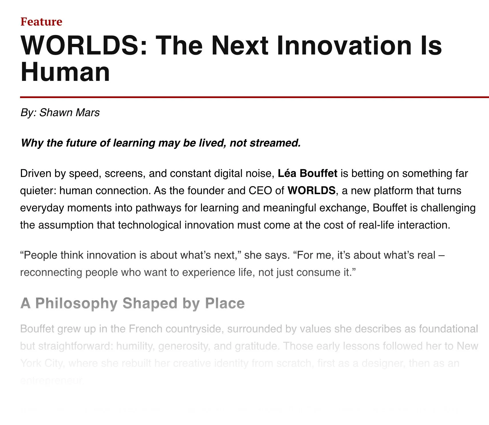 Screenshot of an article titled "WORLDS: The Next Innovation Is Human" by Shawn Mars, discussing technology, human connection, and innovation, with highlighted subheading "A Philosophy Shaped by Place."