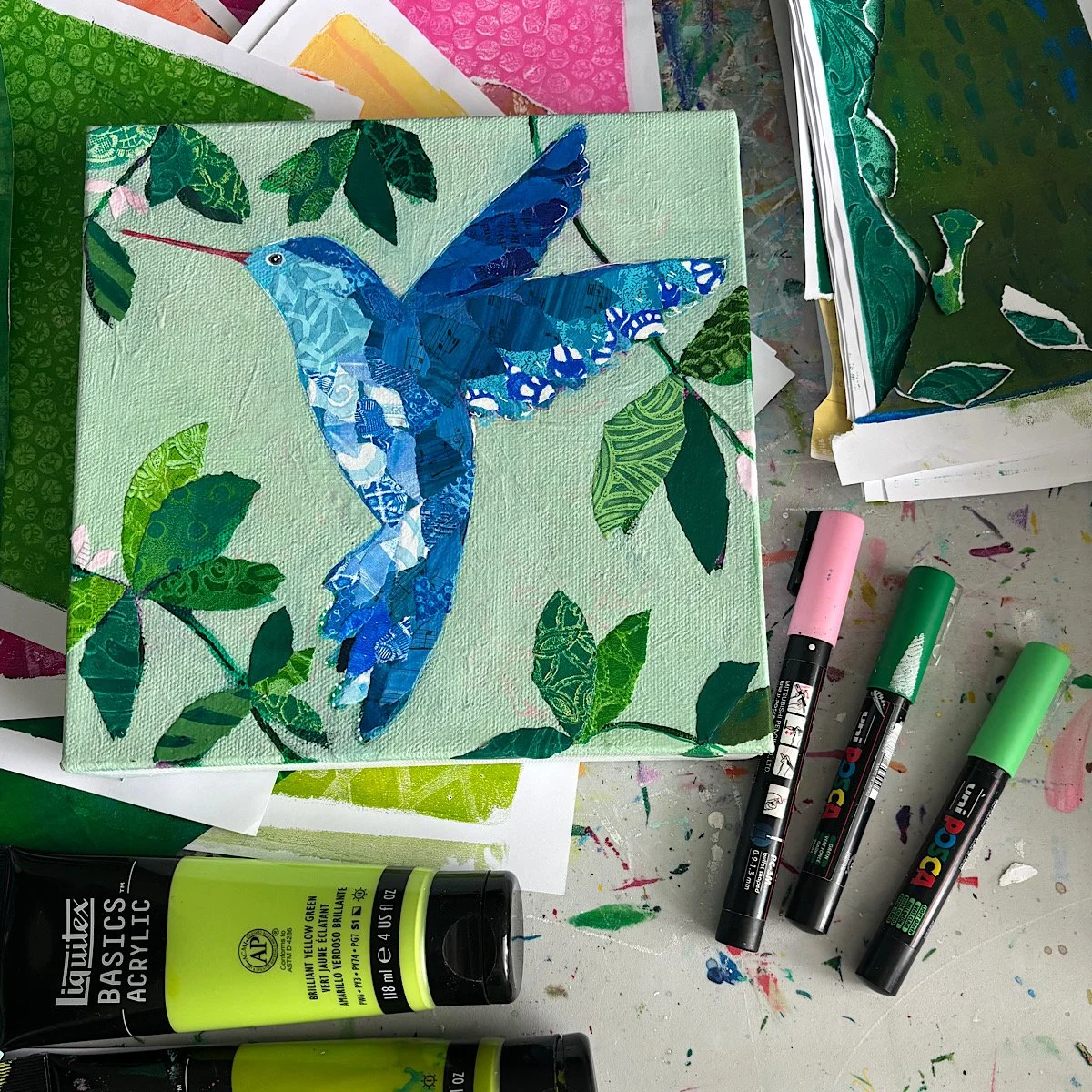 Hummingbird torn paper collage mixed media class, Crow’s Nest Campbell River.