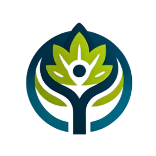 A logo featuring a stylized plant with three green leaves and a circular blue outline surrounding it.