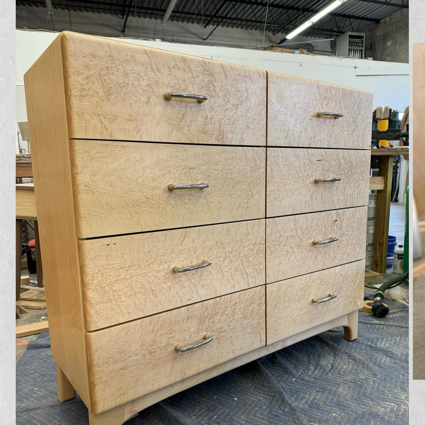 8 drawer dresser in Sugar Maple with Birds Eye Maple drawer fronts. What an absolutely stunning wood that was a pure delight to incorporate into the design.  I always manage to forget a photo after delivery but luckily caught a few during final polis