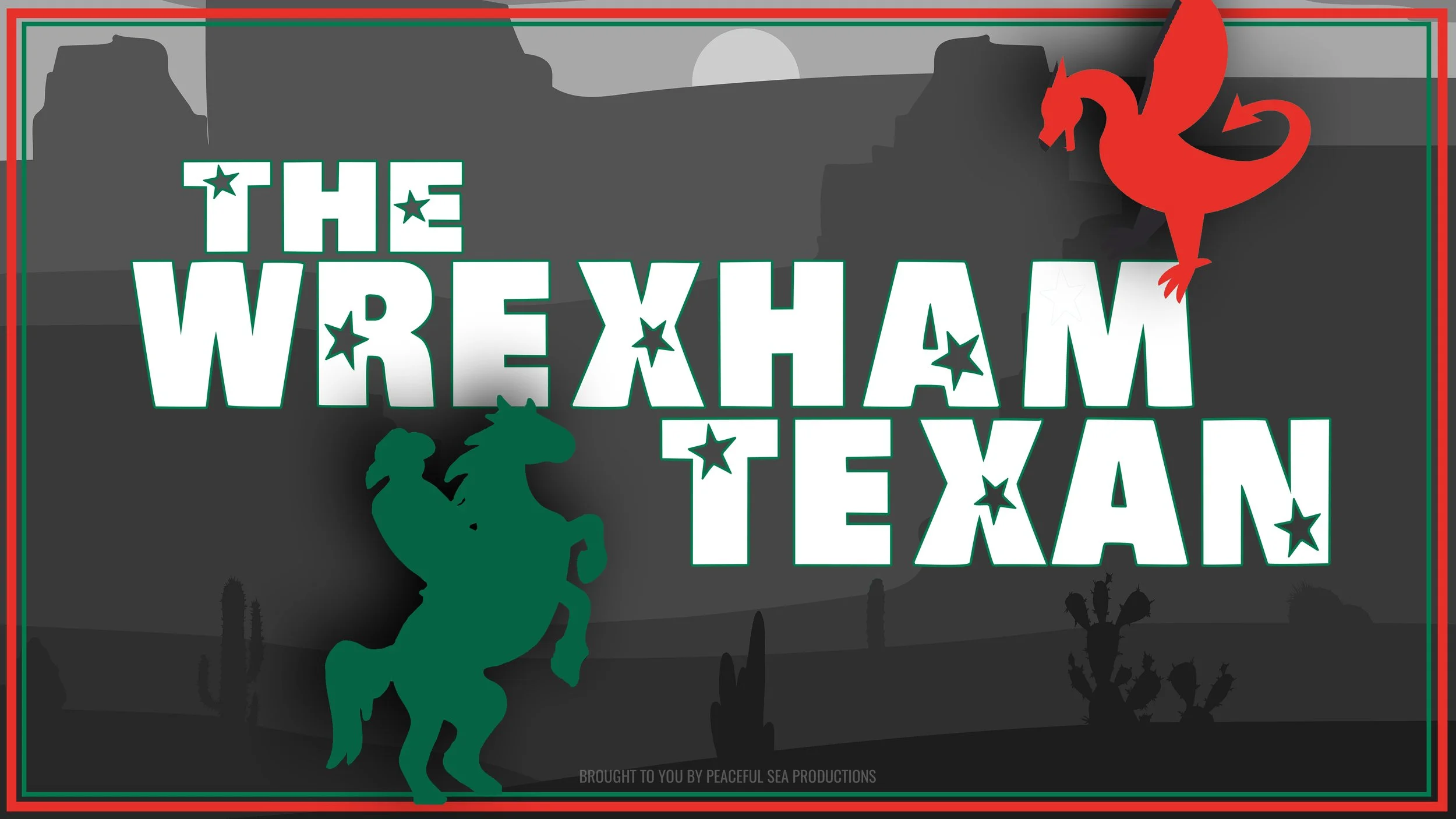 a green cowboy and a red dragon in a desert landascape