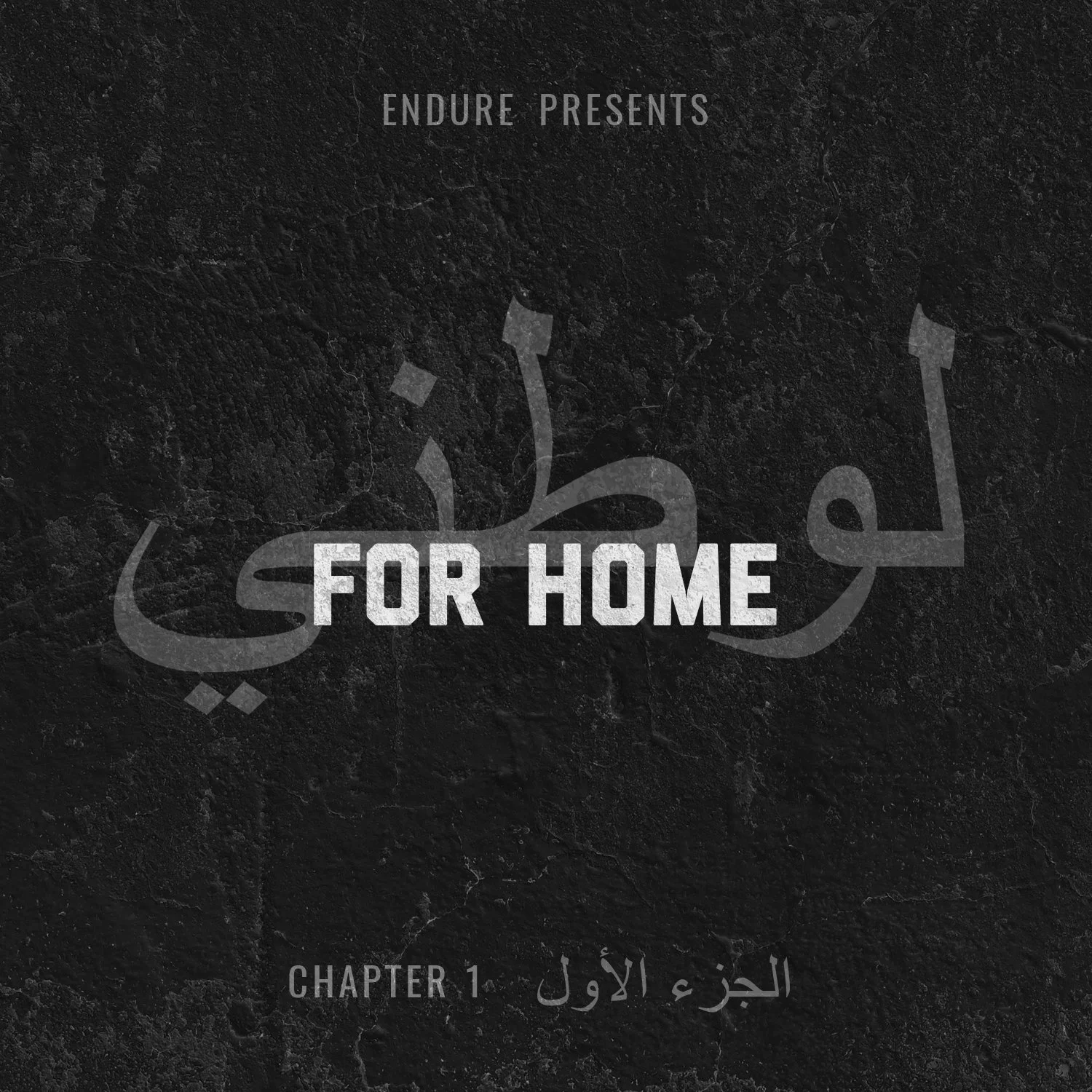 Black textured background with text "ENDURE PRESENTS" at the top, the phrase "FOR HOME" prominently in the center overlaying Arabic script, and "CHAPTER 1" with Arabic translation at the bottom.