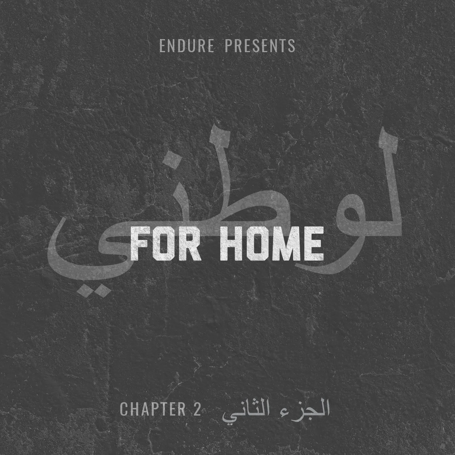 Dark textured background with text: "ENDURE PRESENTS," Arabic script, "FOR HOME," and "CHAPTER 2" with Arabic translation.