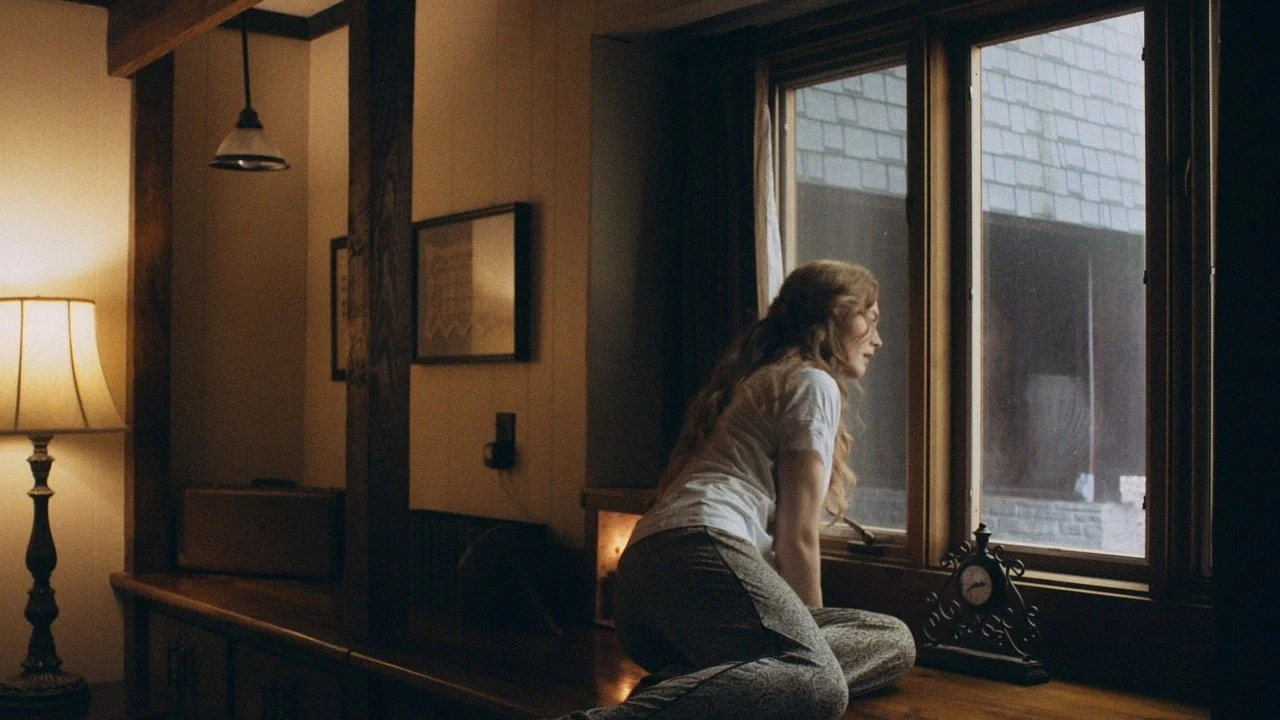 Woman in white shirt sitting on a wooden table, looking out of a window, with a lamp and a clock on the table.