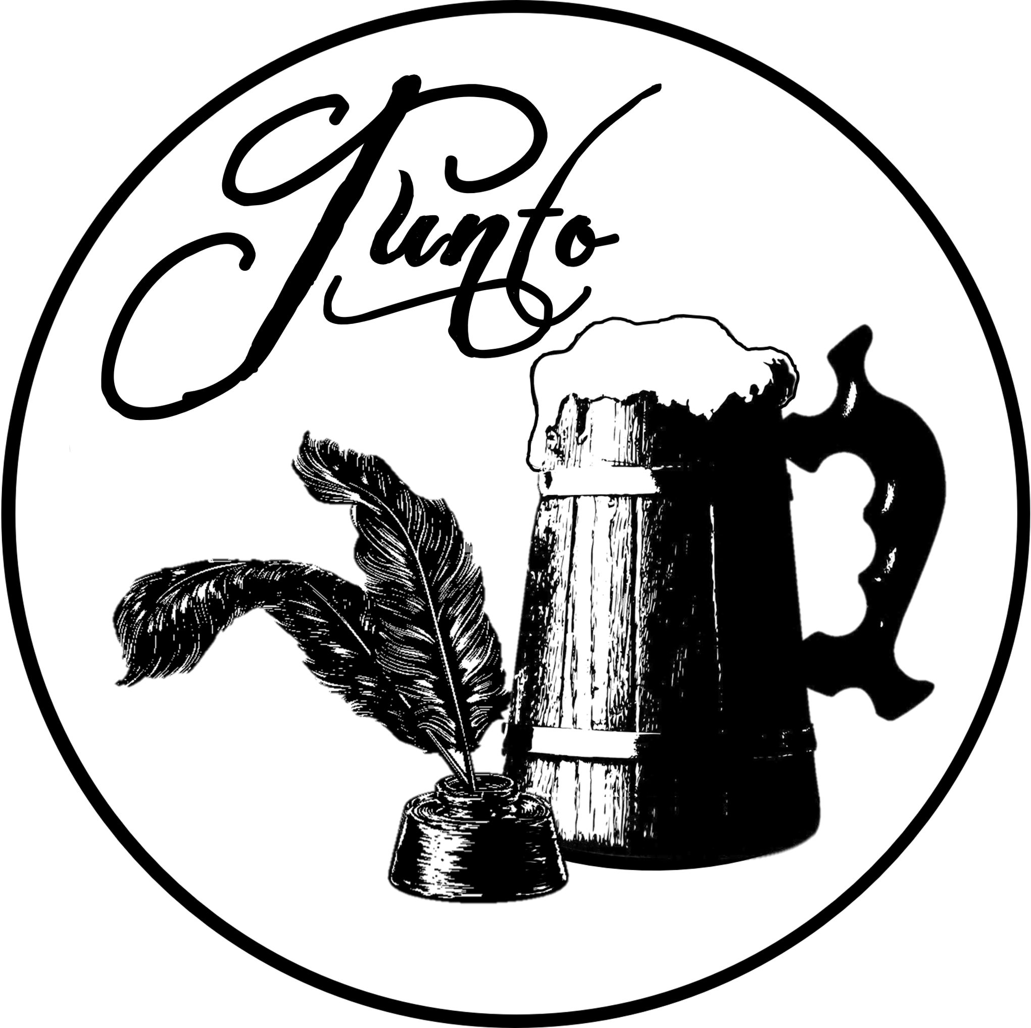 Logo with a quill in an ink pot and a beer mug, word "Junto" in script.