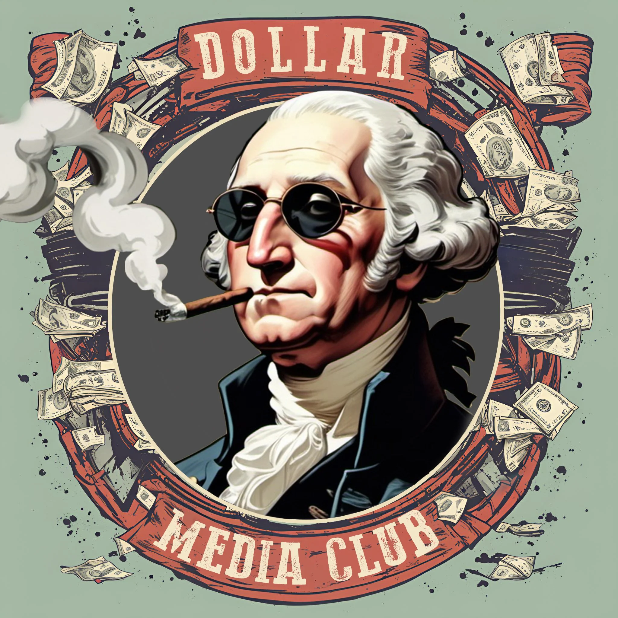 A digitally illustrated portrait of George Washington wearing sunglasses and smoking a cigar, surrounded by flying dollar bills and a red ribbon banner with text 'Dollar Media Club'.
