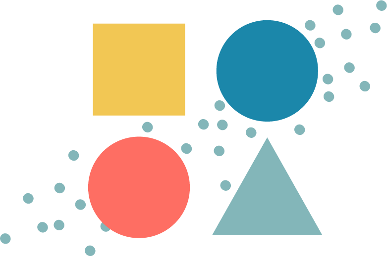 Abstract geometric shapes including a yellow square, a large blue circle, a coral smaller circle, a light blue triangle, and small scattered dots.