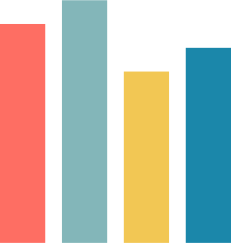 Four vertical colorful bars representing a bar chart, from left to right: coral, teal, yellow, and dark blue.