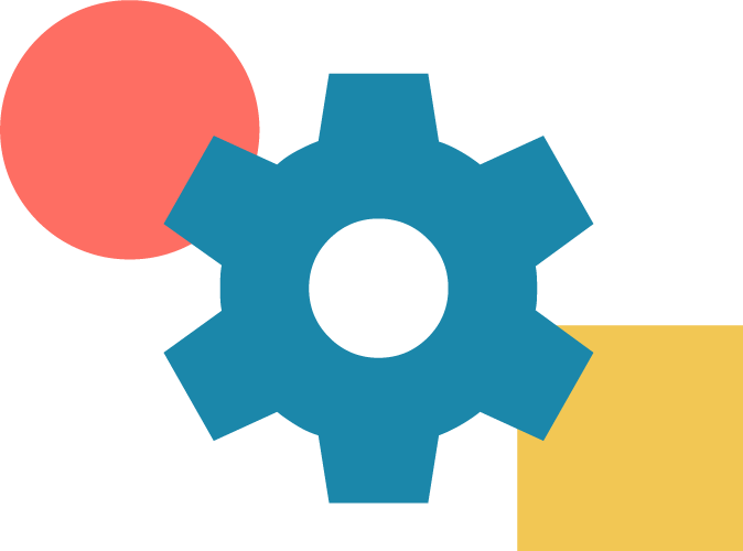 A blue gear icon with a red circle overlapping its top left side and a yellow square overlapping its bottom right side.