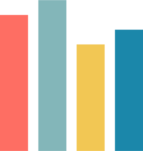 Four vertical color bars representing a bar graph in coral, teal, yellow, and blue.