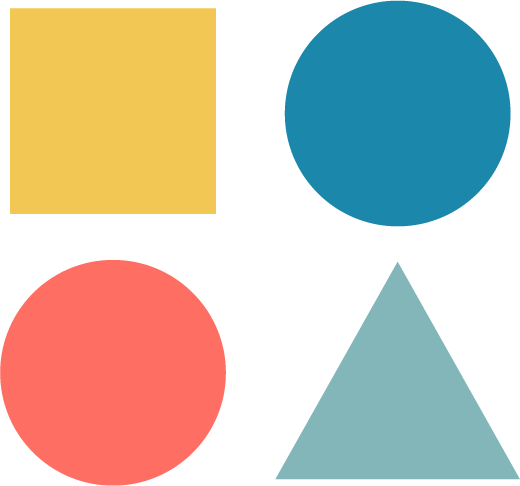 A yellow square, a blue circle, a coral circle, and a gray triangle arranged on a black background.