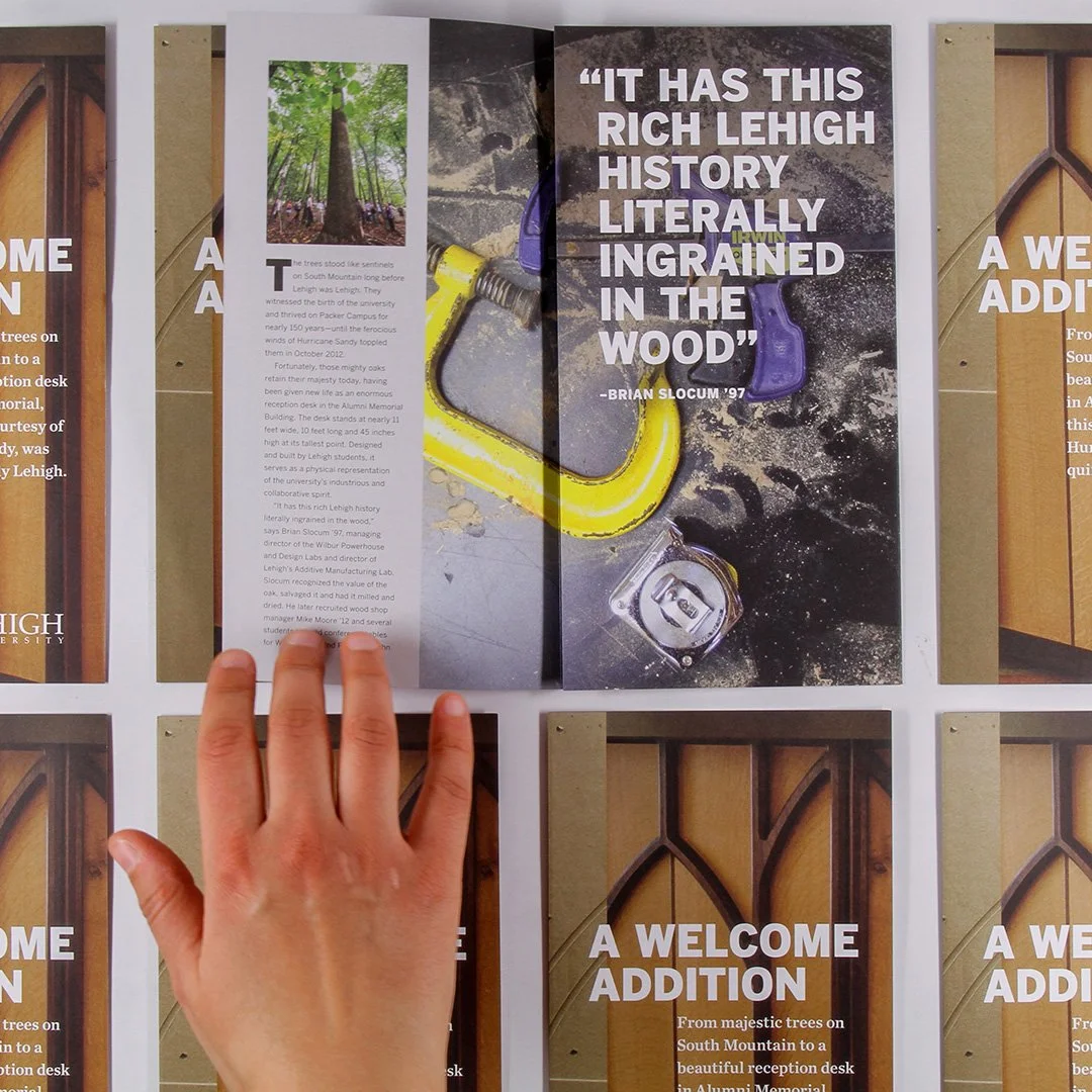 A brochure about the reception desk in Lehigh University’s Alumni Memorial Building—designed and built by Lehigh students using wood from oak trees felled by Hurricane Sandy.