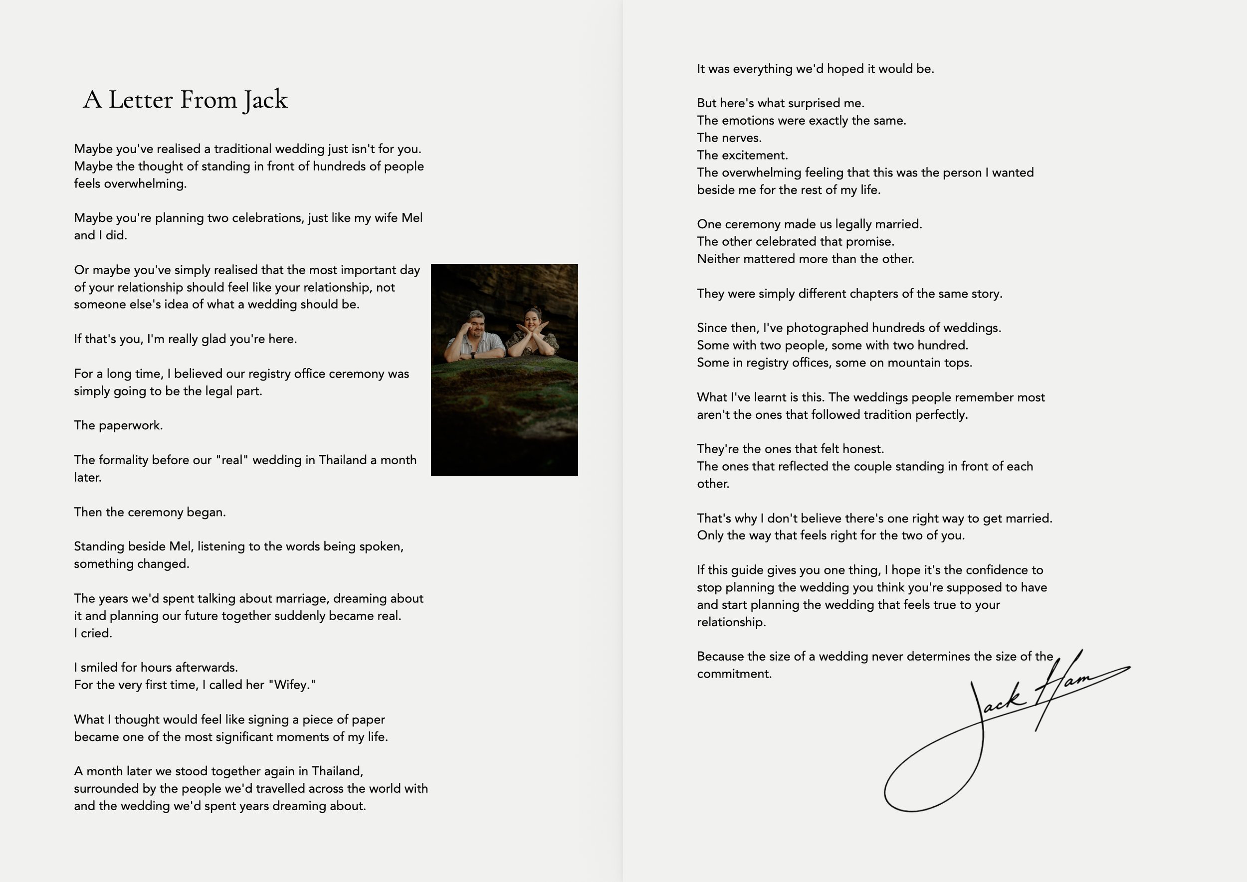 A book open to a page with the title "A Letter From Jack," featuring a signature at the bottom right corner. The left page contains a photo of a man and a woman sitting outdoors at a table, with greenery in the background.
