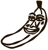 Line drawing of a banana with a face.