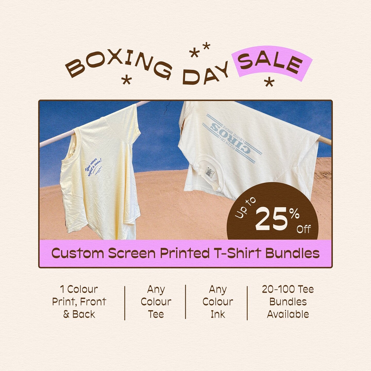 Our Boxing Day Sale is live! 

We want to make custom screen printing on quality garments affordable and super easy to order - so we&rsquo;re doing things a little differently this year!

Purchase a print bundle on our website and you&rsquo;ll jump s