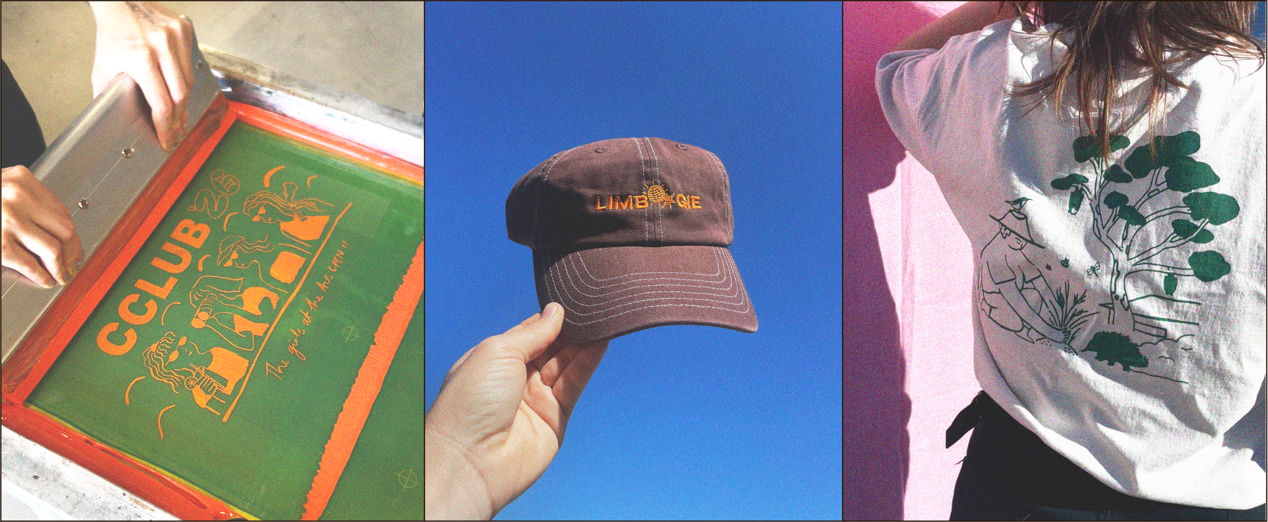 Triptych. First on the left is hands on a squeegee, screen printing a funky design on a t-shirt. Second is a hand holding a brown embroidered cap up to the sky. Third is the back of a t-shirt worn by Emma of Soft Power with a lovely green tree design