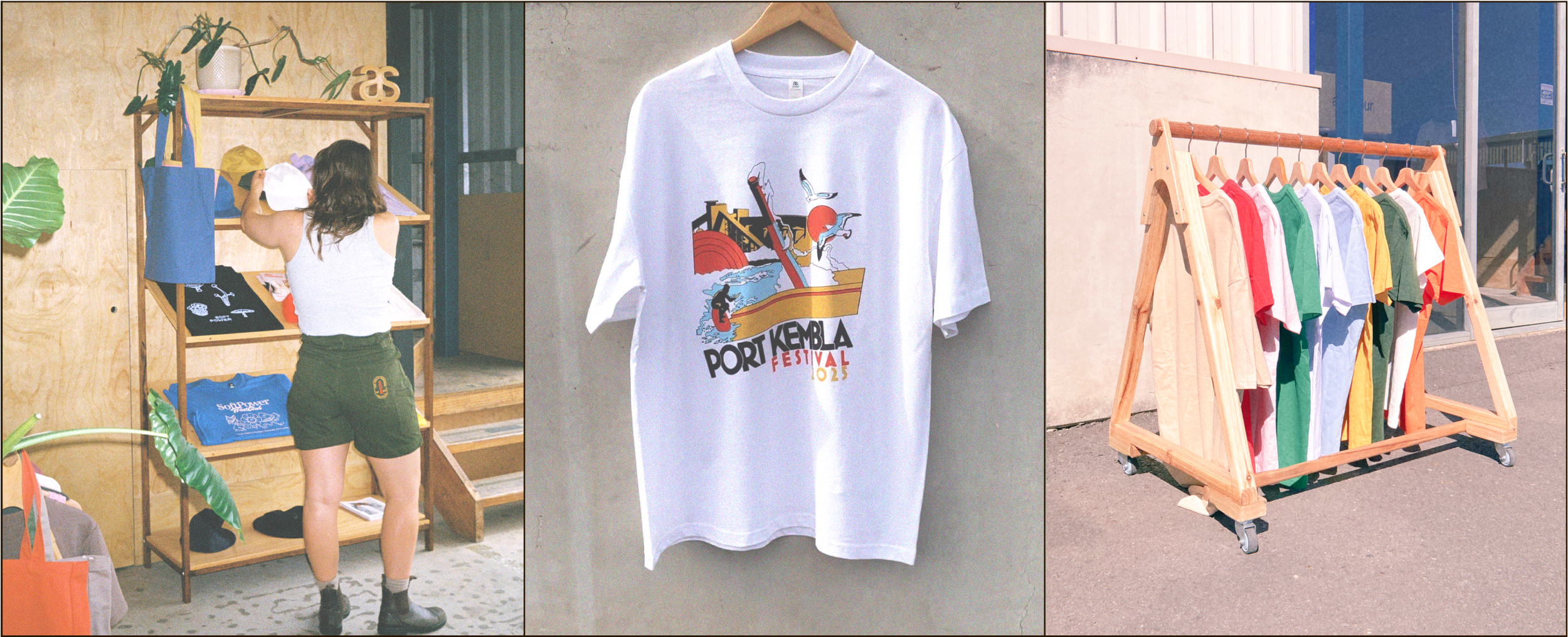 Triptych. On the left is Emma shopping for clothes indoors, second is a white graphic T-shirt hanging on a wall showing a graphic printed by Soft Power, and third is a wooden clothing rack with colourful T-shirts outside in the sunshine.