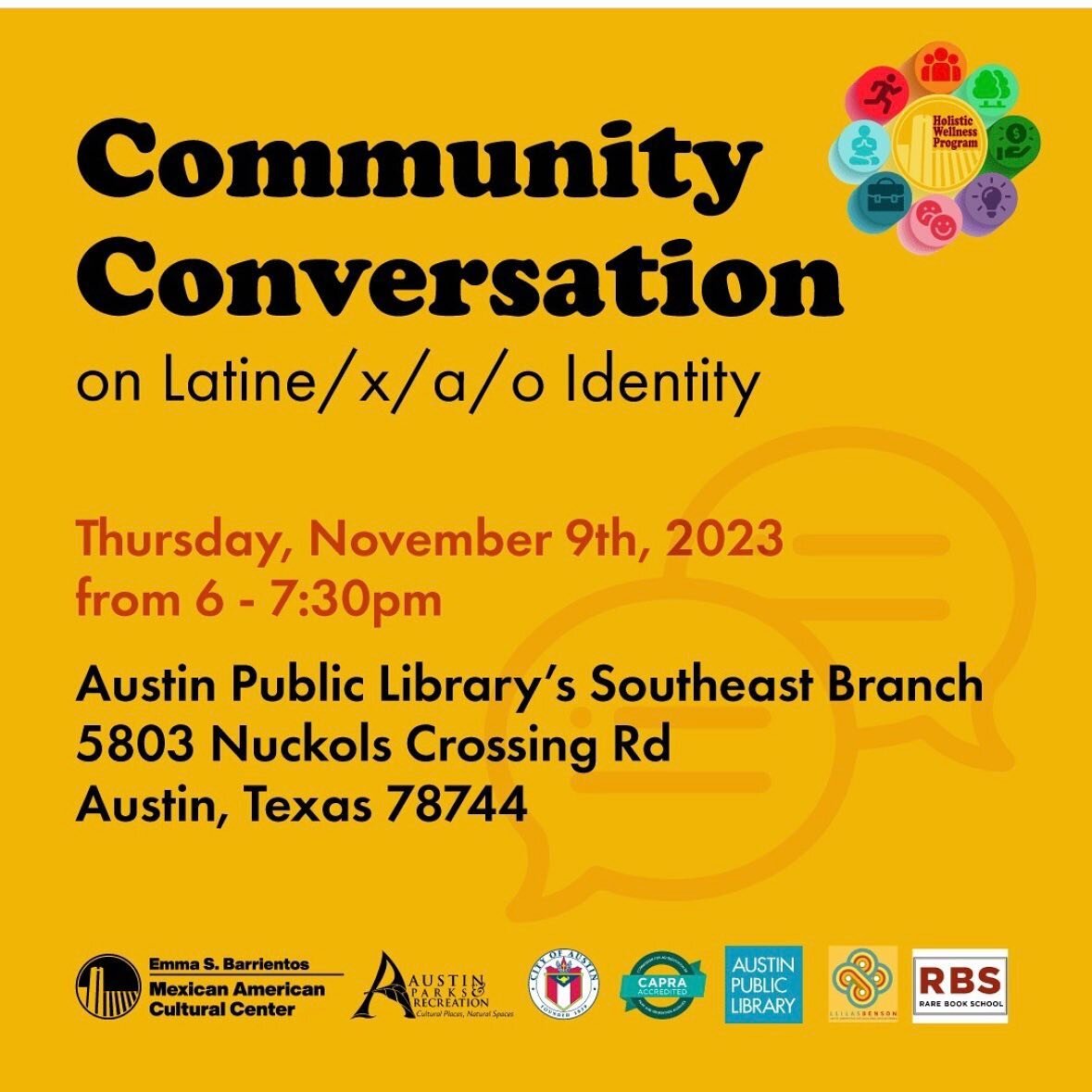 Where are my ATX LatinX People at?!

Community Conversation on Latine/x/a/o Identity

Thursday, November 9th, 2023 from 6-7:30pm
Austin Public Library, Southeast Branch

Join this discussion on identity within the Latino/a, LatinX, Latine, Hispanic, 