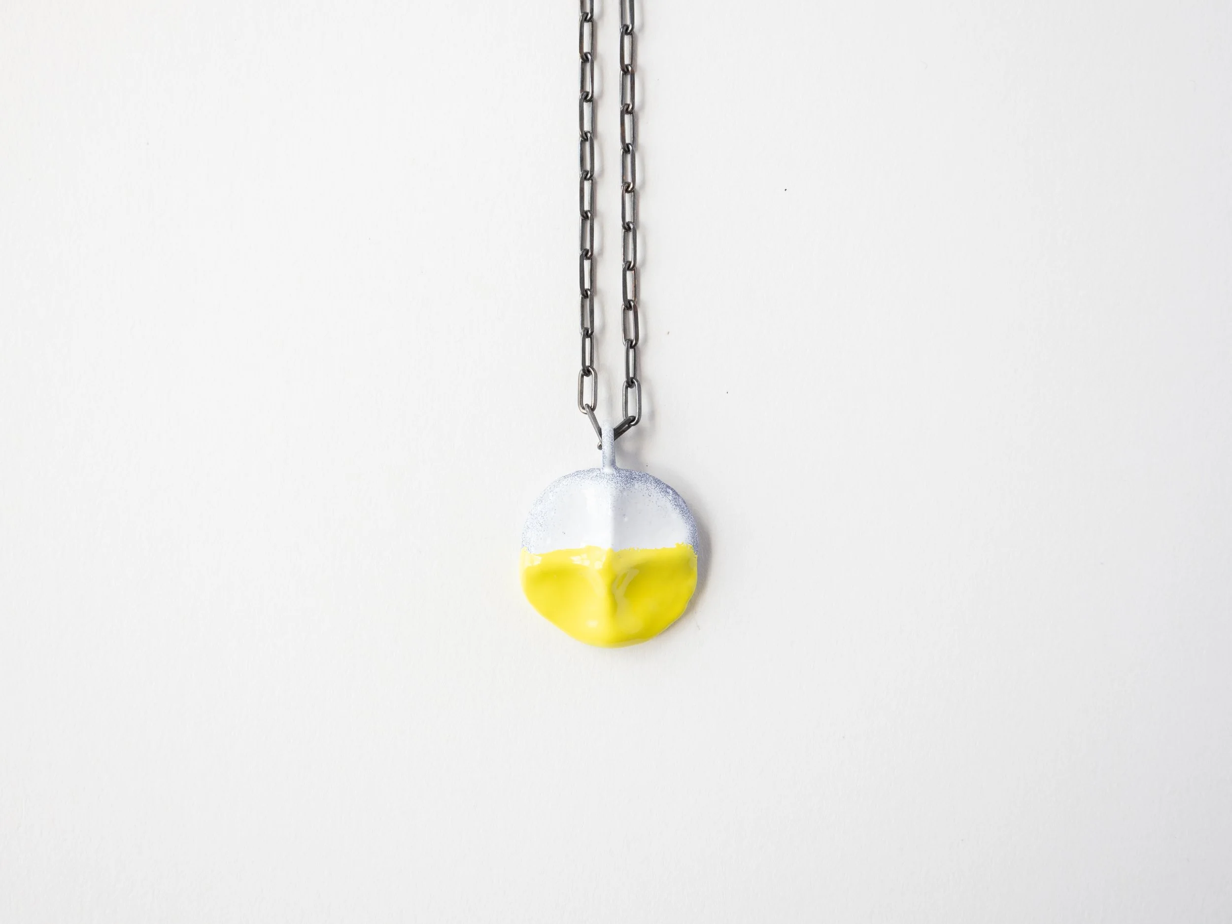 Lemon Yellow & White: Powder-Coated Recycled Silver Pendant with Long Chain