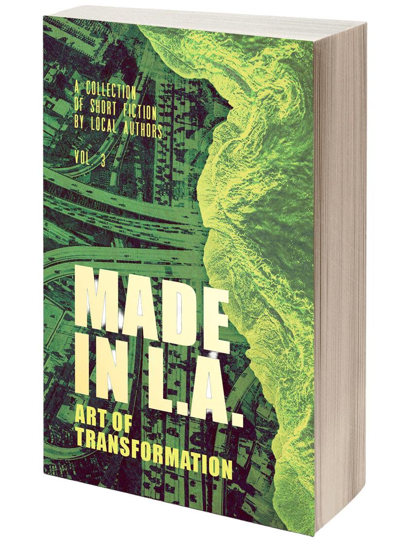 Front cover of a book titled "Made in L.A.: Art of Transformation" featuring green-tinted aerial cityscape and landscape imagery.
