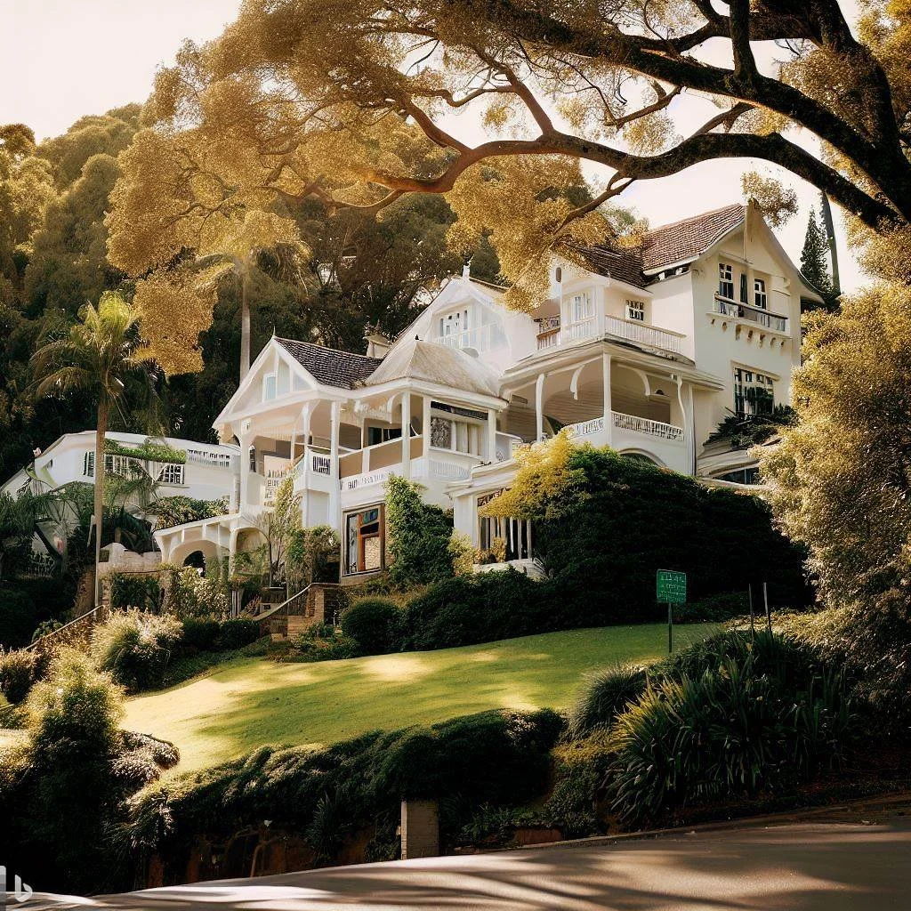 A large, white, multi-story house with several balconies and architectural details, nestled among tall trees and lush greenery on a sloped terrain.