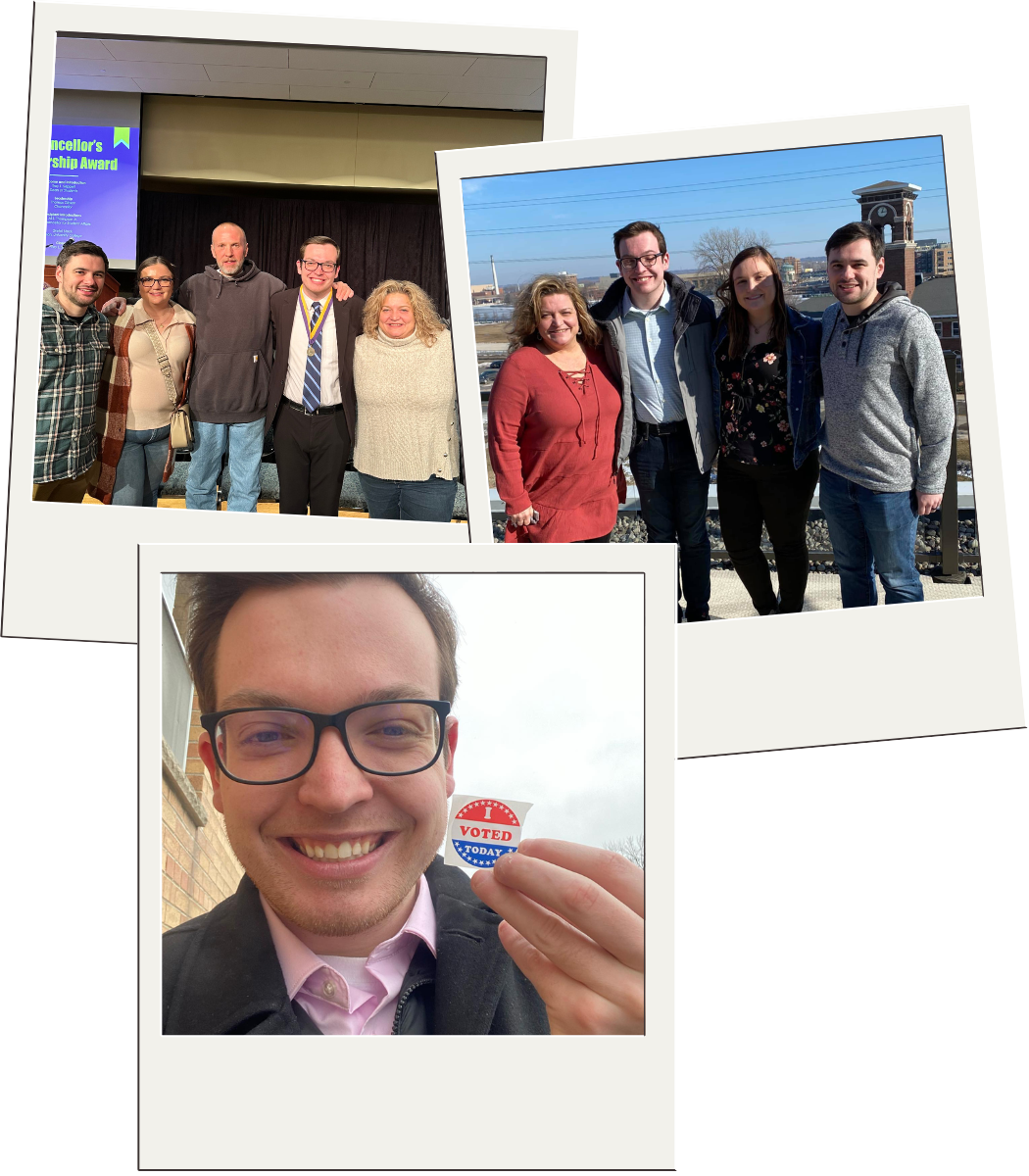 Polaroids of Collin McNamara - with his family and and I Voted sticker.