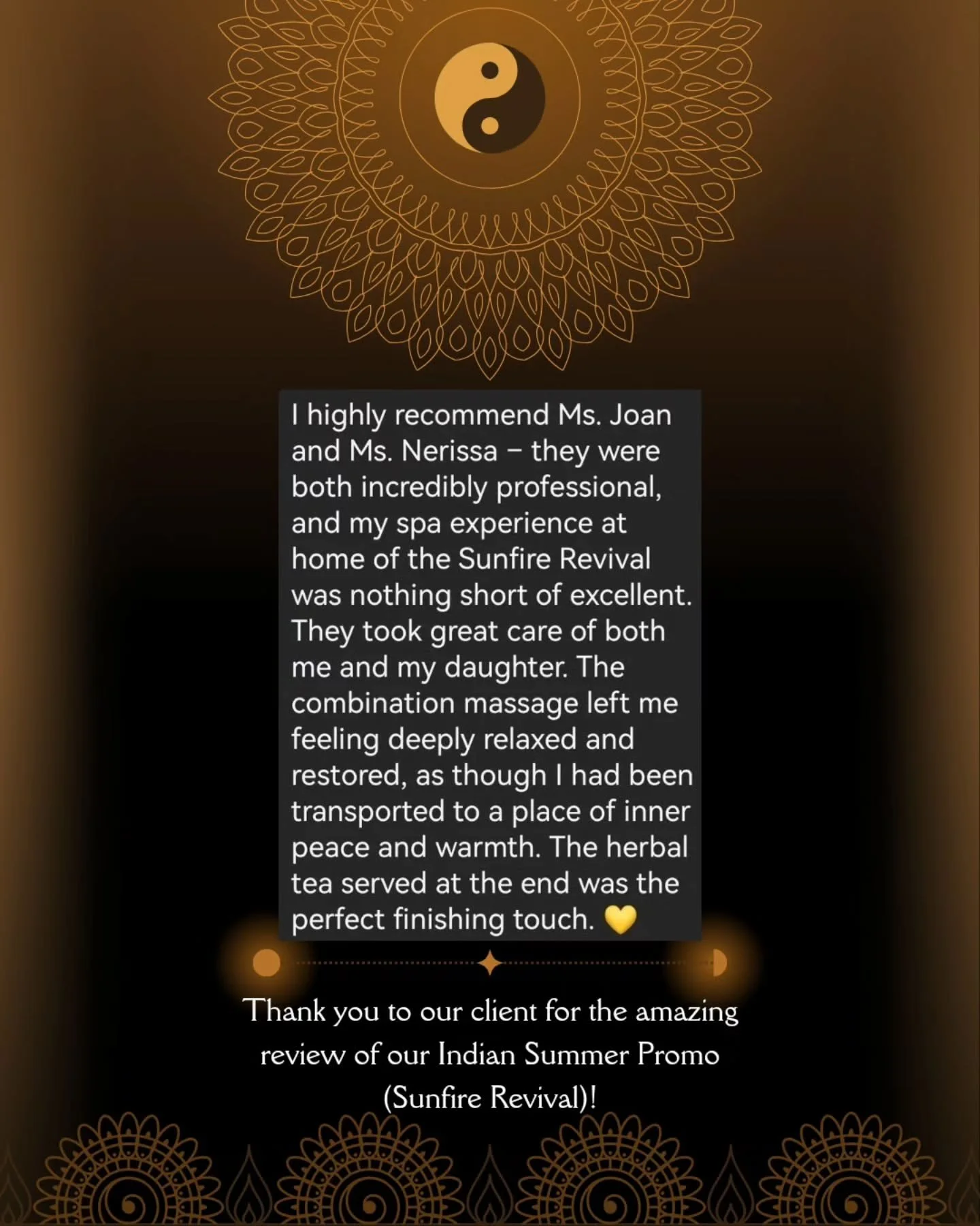 We are happy to launch our Indian Summer Promo, along with this amazing review from our client!

It is our greatest passion to bring tranquility and therapeutic relief to our clients. Our Indian Summer Promo takes our regular therapies to the next le