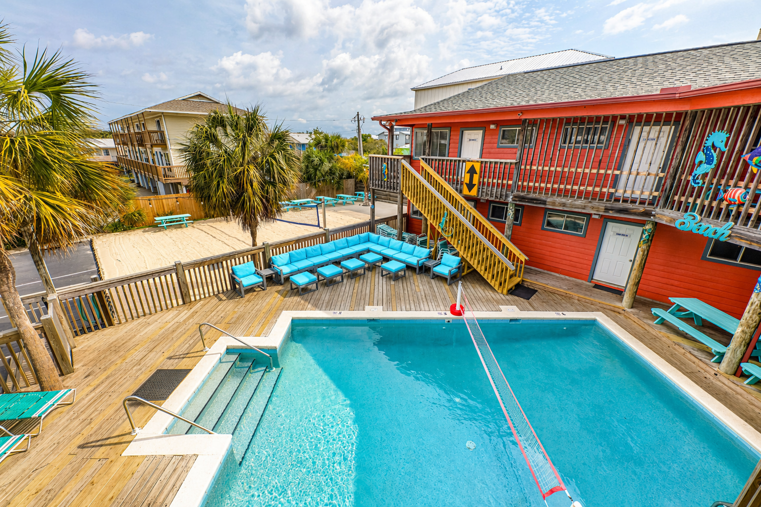Cool off in the pool, relax on the patio furniture, or challenge your friends to a game of water volleyball.