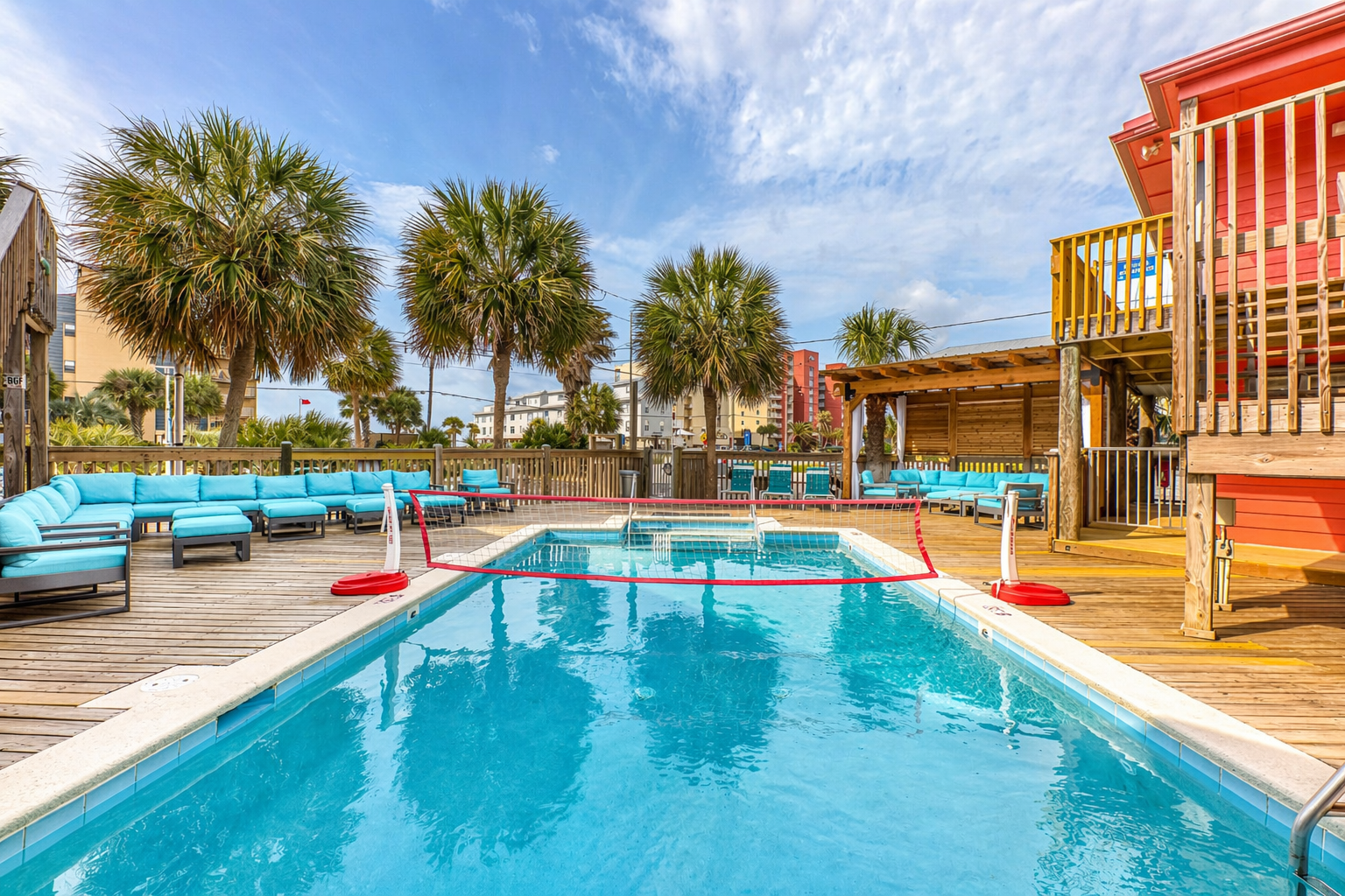 Cool off in the pool, relax on the patio furniture, or challenge your friends to a game of water volleyball.
