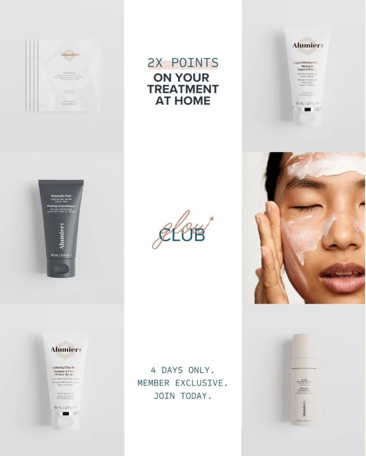 🌟Glow Club Double Points 🌟

Running 8&ndash;11 October
2X points for all Glow Club members on select Pro At Home products:

&bull; Refining Clay Mask
&bull; Enzymatic Peel
&bull; HydraRescue Face Masks
&bull; Aqua Infusion Mask
&bull; Gentle Foamin