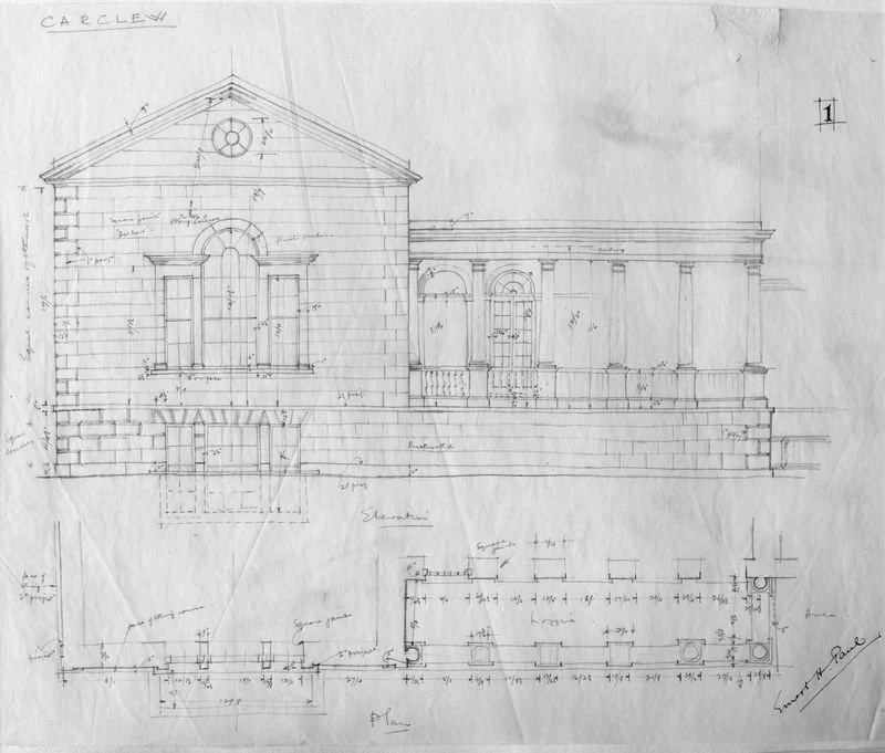 Ernest Paul drawing 1937 of West Portico at Carclew.