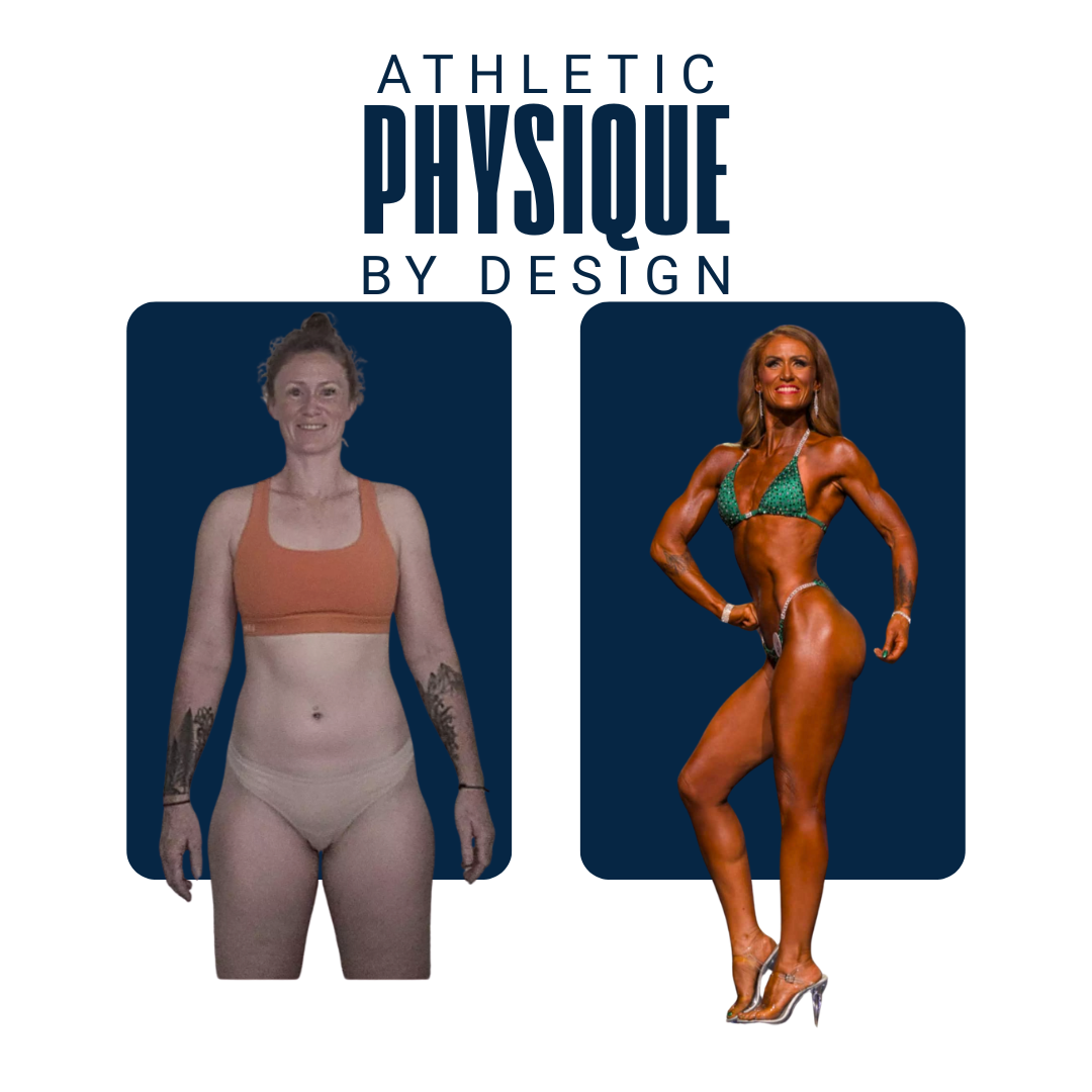Side-by-side comparison of two female bodybuilders, one with a more natural physique and the other with a highly muscular and sculpted physique, with the text 'Athletic Physique by Design' above.