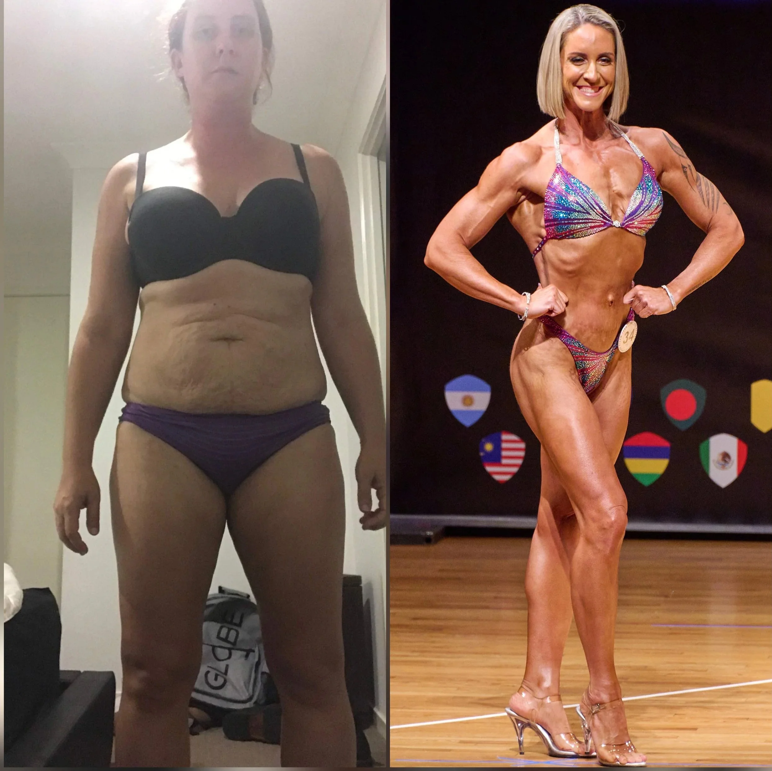 Comparison of two images of a woman; left image shows her in casual workout attire taking a mirror selfie, right image shows her at a bodybuilding competition in an embellished bikini, posing on stage.