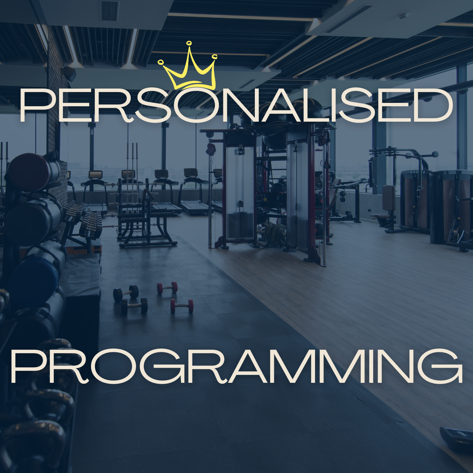 Empty gym with workout equipment and large windows, overlaid with the words "Personalised Programming" and a yellow crown icon above the word "Personalised".