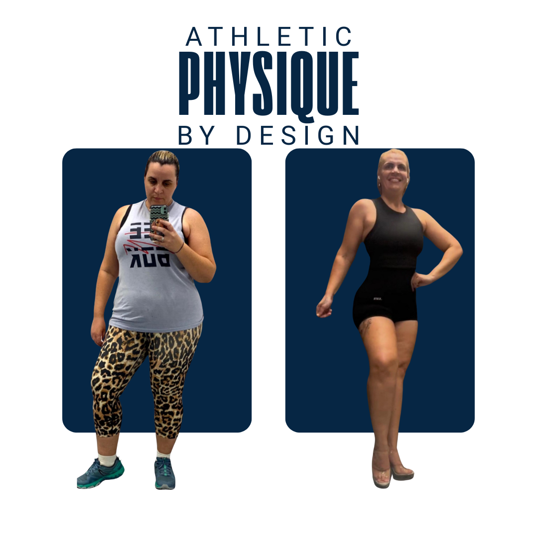 Fitness transformation poster with before and after photos of a woman, showing her progress in athletic physique, with text 'Athletic Physique by Design' at the top.