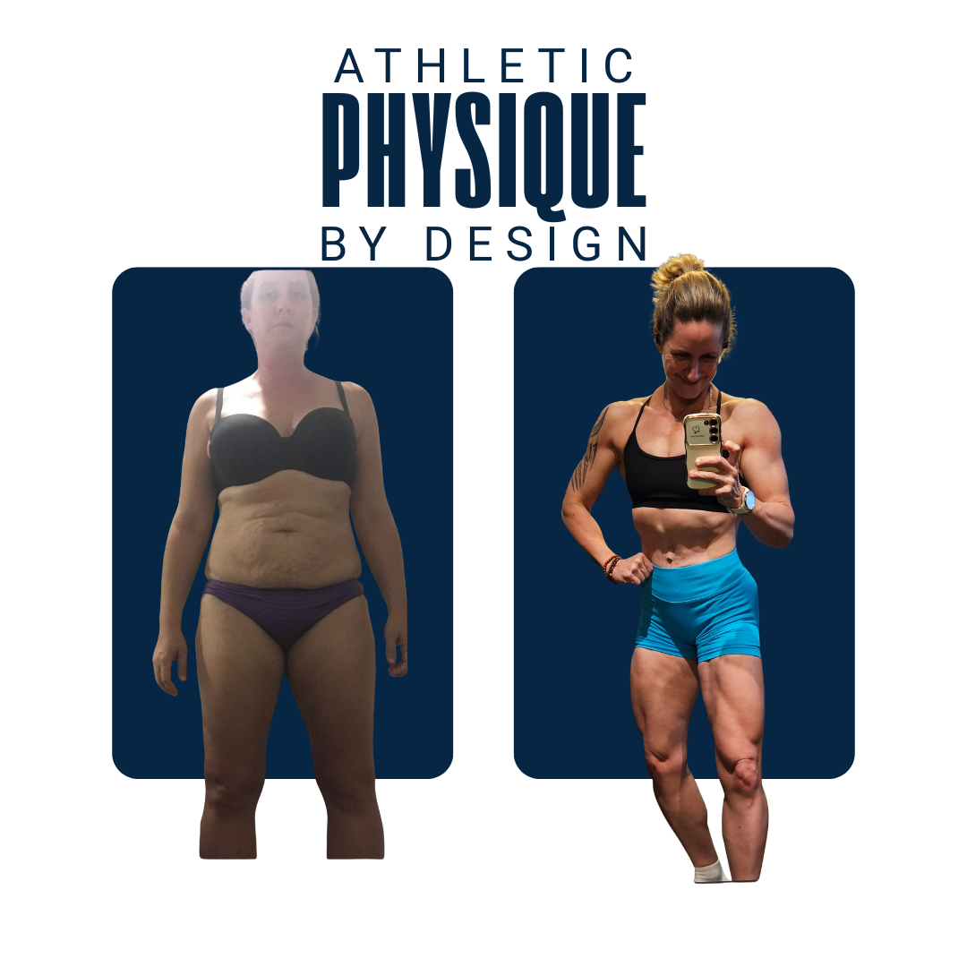 Comparison photo showing a woman's fitness transformation with two images side by side, before and after. The woman is in workout attire, demonstrating weight loss and muscle toning progress.