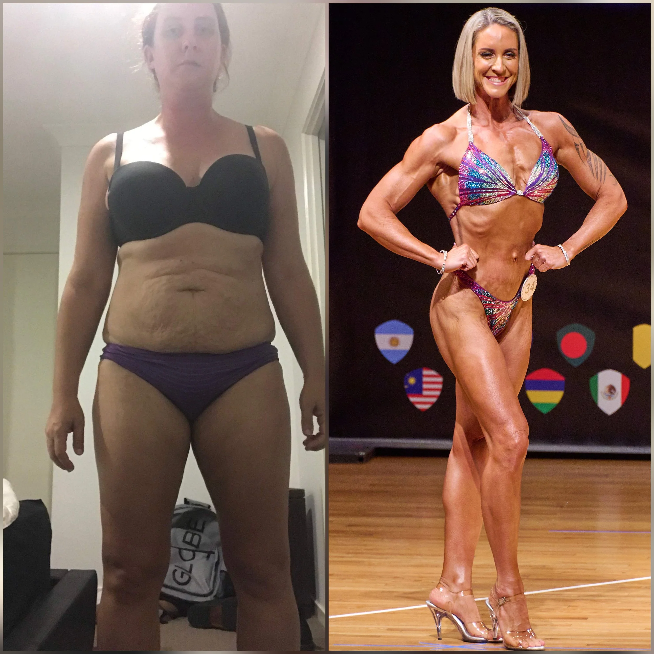Comparison of a woman before and after body transformation, showing weight loss and muscle toning, with the after photo on stage in a bikini at a fitness competition.