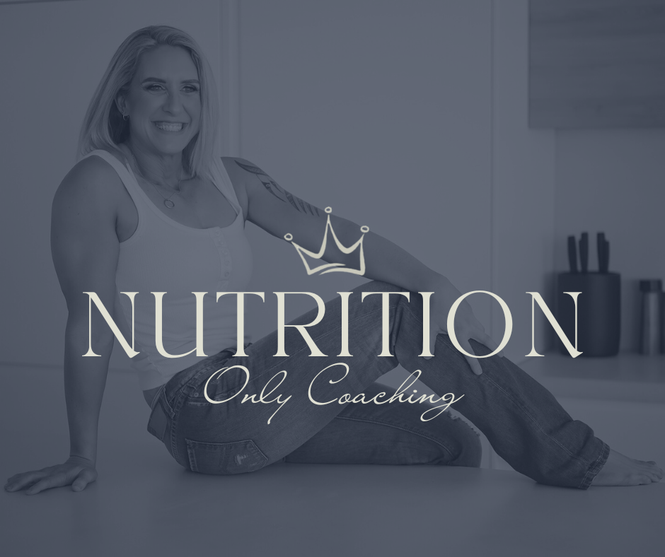 A smiling woman with tattoos sitting on a kitchen countertop, with the overlay text 'Nutrition Only Coaching' and a crown icon.