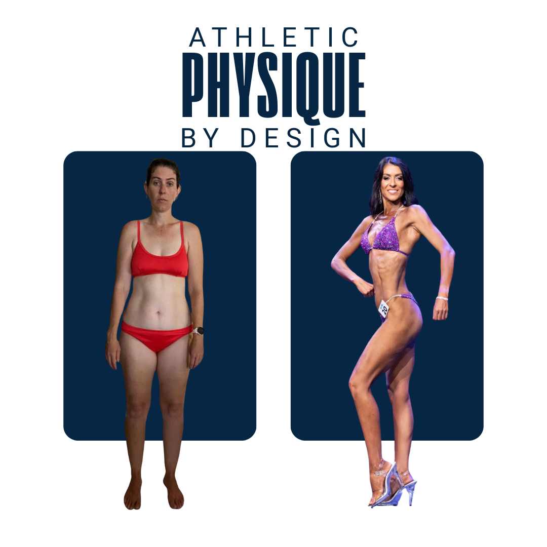 Poster with the words "Athletic Physique by Design" at the top. Two women are pictured side-by-side; the woman on the left is dressed in red underwear, appearing less muscular, and the woman on the right is dressed in a purple bikini, showing a well-defined, muscular physique.