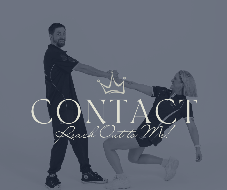 A man and a woman in athletic attire holding hands and smiling, with the word "CONTACT" and the phrase "Reach Out to Me!" overlaid on the image.