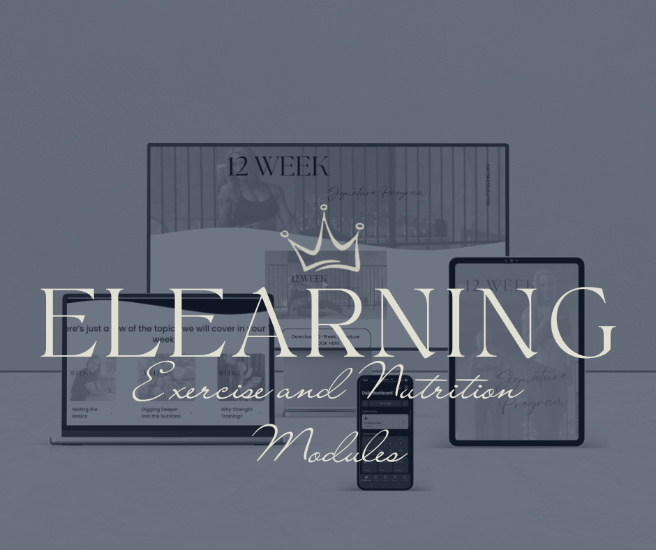 Digital devices displaying a fitness and nutrition course titled '12 Week Elite Learning Exercise and Nutrition Modules' with overlay text and graphics.