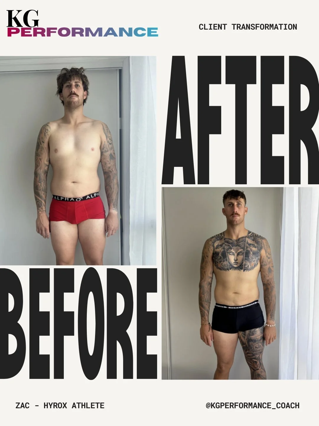 Comparison of a man before and after fitness transformation. The man is shirtless in both photos, wearing red underwear in the first and black underwear in the second. He has tattoos on his arms and chest, with a more muscular physique in the after photo.