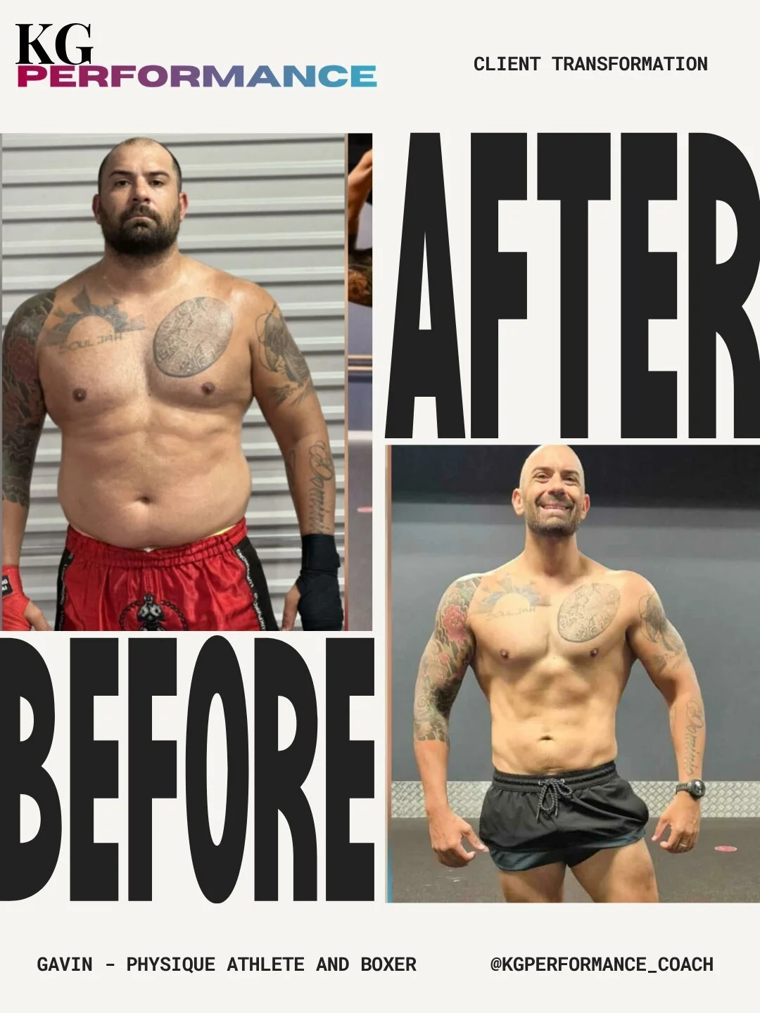 Before and after photos of Gavin, a physique athlete and boxer, showing his transformation. The before picture shows him with more body fat, while the after picture shows him with a leaner, more muscular physique.