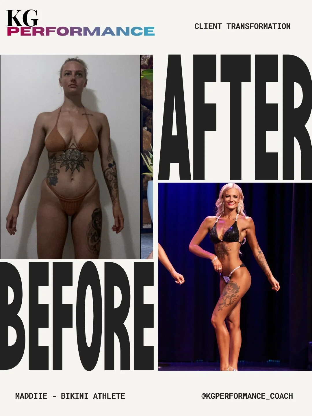 Comparison of a woman's fitness transformation showing her barefoot in a bikini with tattoos before and in a competition swimsuit after.