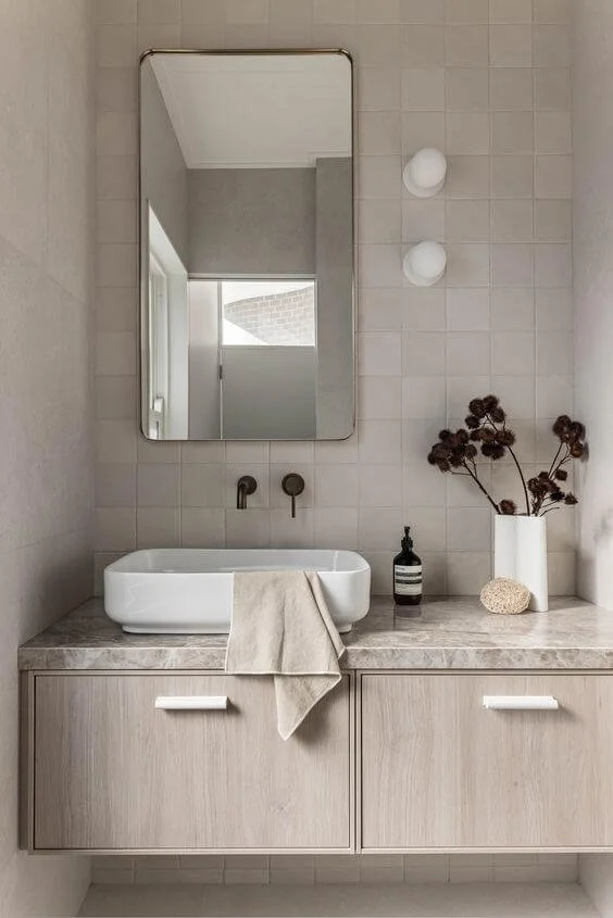Rectangular bathroom vanity mirror design with natural stone vanity design