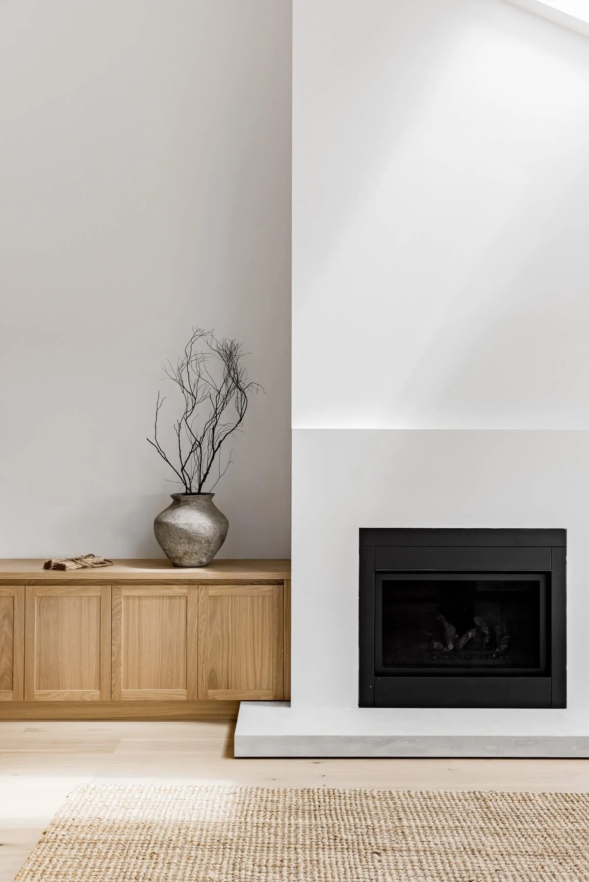 Living room fireplace and wooden cabinet design