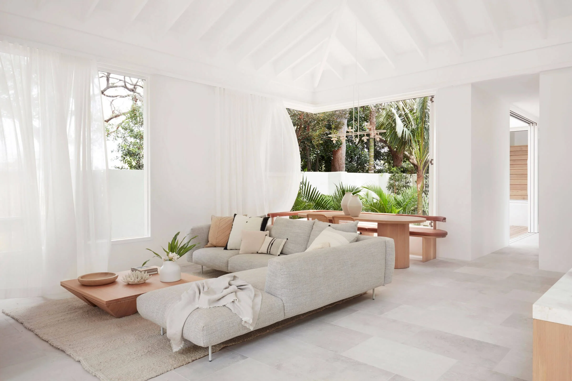 Living room furniture with open space design and marble flooring