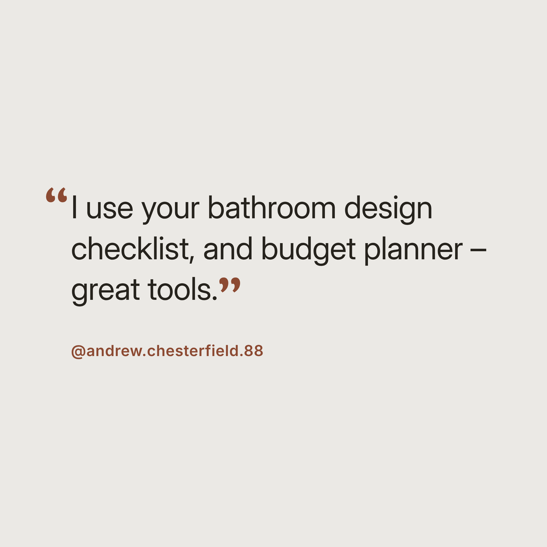 Customer review saying they use the Zephyr and Stone bathroom design checklist and budget planner.