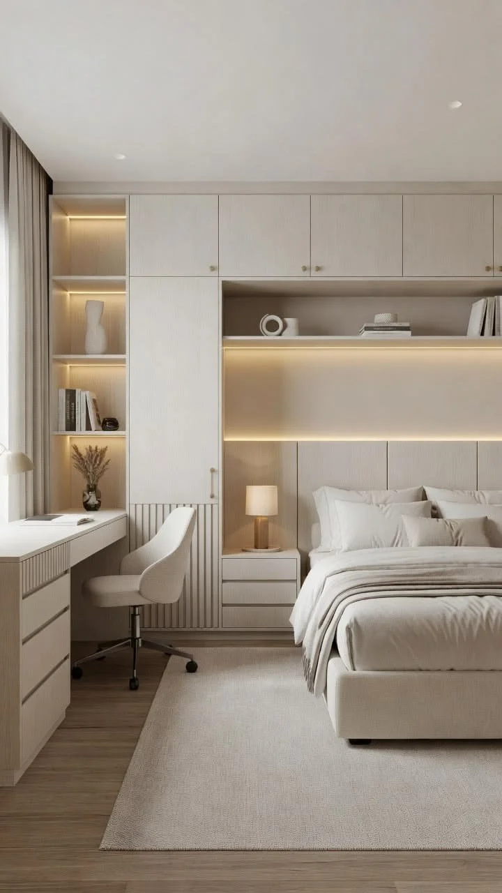 Bedroom office with a desk beside the window and built-in cabinetry around the bed.