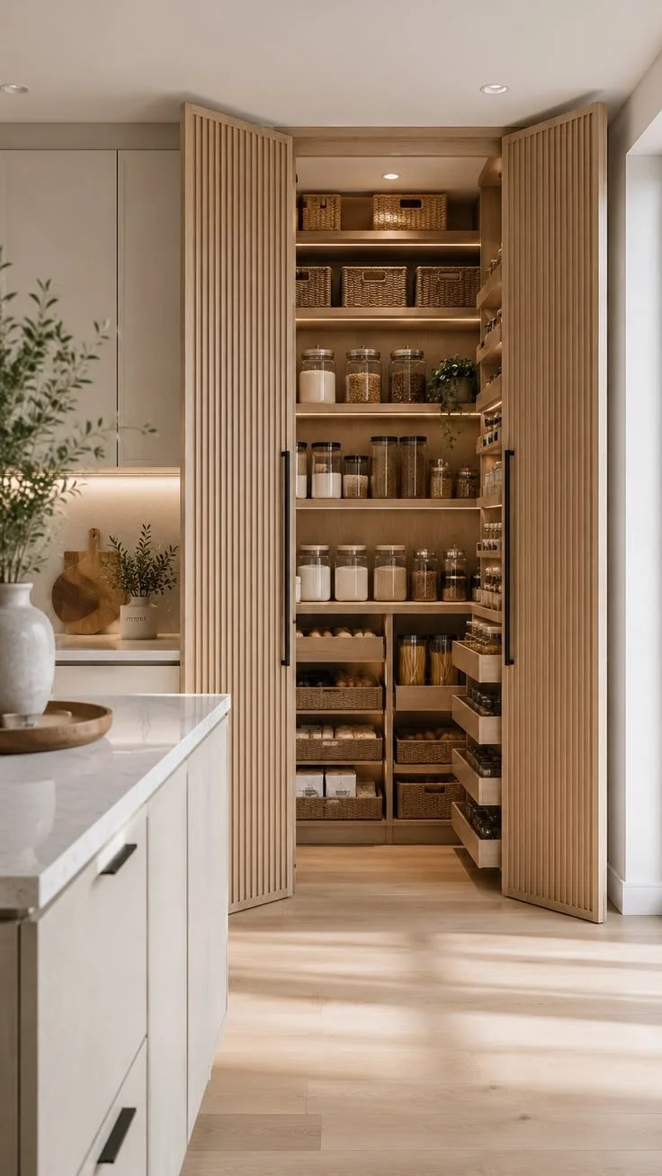 Walk-in pantry with timber shelving, pull-out drawers and fluted doors off the kitchen